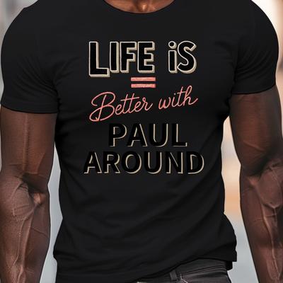 "TEMU Men's Casual Crew Neck T-shirt With " With Around" Print, 100% Polyester Knit Fabric, Stretch, Regular Fit, Lightweight Summer Top - 150gsm" Image