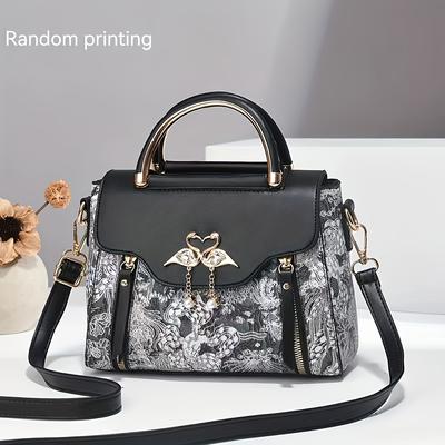 TEMU Stylish Navy Blue Handbag With Floral Print, Golden-tone Hardware, And Detachable Shoulder Strap - Elegant And Versatile For Everyday Use, Everyday Handbag | | Magnetic Closure Purse Image