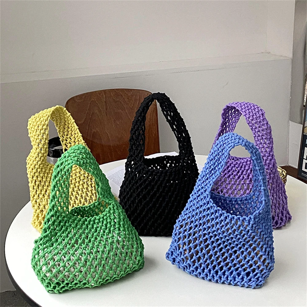 Borsa a mano da donna in paglia intrecciata e lavorata a maglia, traforata, con fondo in PU, stile crochet, borsa a secchiello, borsa a tracolla, borsa da polso, borsa shopping, borse da donna