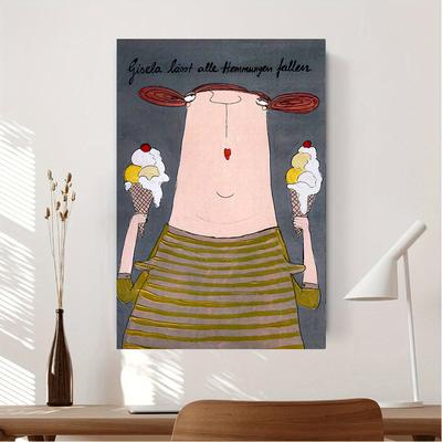 TEMU 1pc Frameless Canvas Art - Whimsical Ice Cream Eating Character - Modern Minimalist Wall Decor With Design - Living Room, Bedroom, Or Office - Adds Atmosphere To , Canvas Wall Art Ready To Hang Image