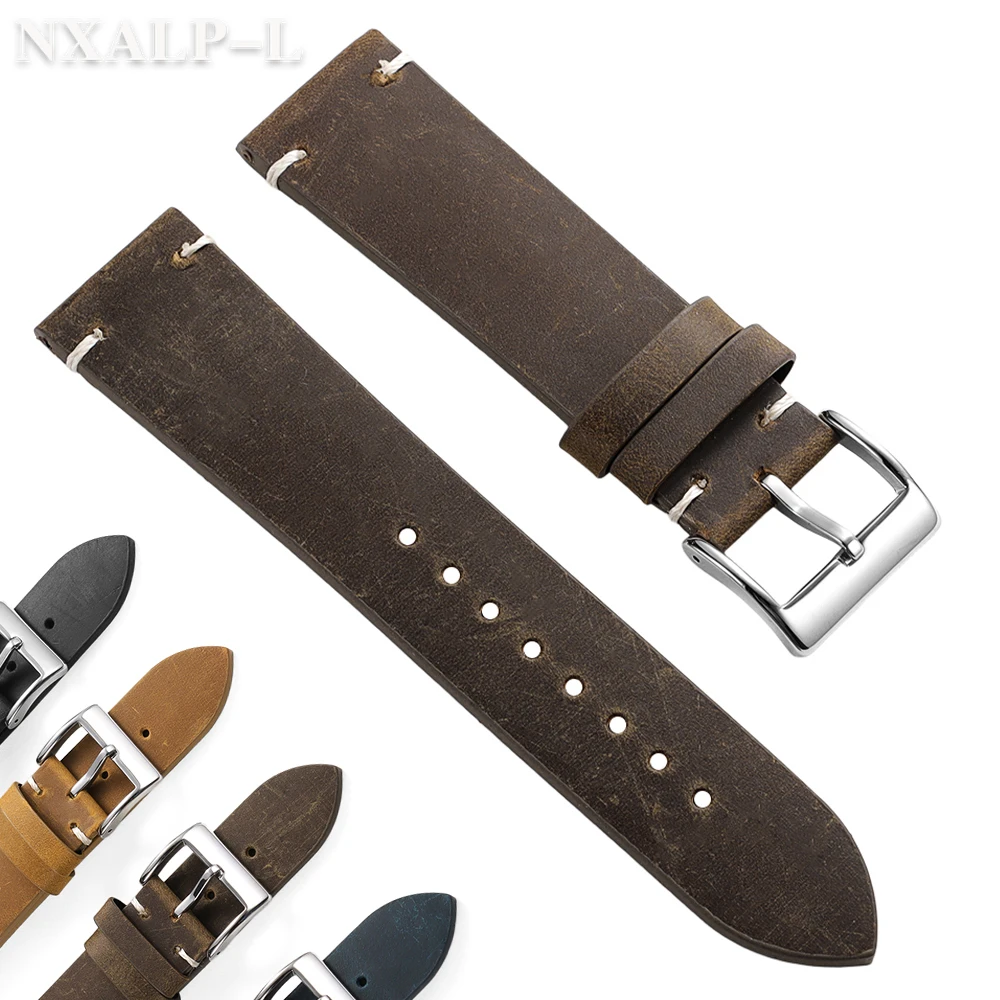Handgemachte Nähte Retro Öl Wachs Echtes Lederband 18mm 20mm 21mm 22mm Rindsleder Uhrenarmband Zubehör Smartwatch Armband Image