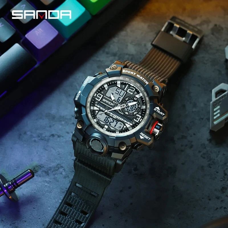SANDA 3133, modische Herren-Digitaluhr, Sport, wasserdicht, leuchtende Armbanduhren, Wecker, analoge elektronische Uhren für Herren Image