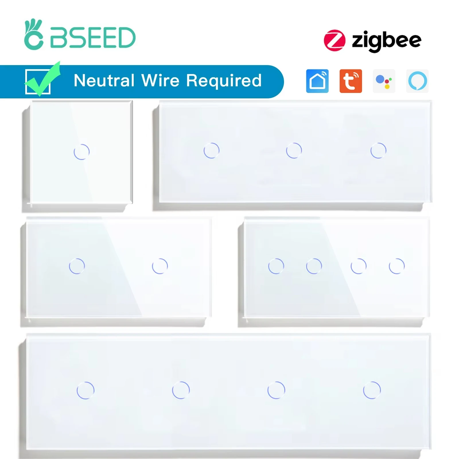 BSEED ZigbeeTouch Schalter Serie Wand Smart Licht Schalter Blaue LED Hintergrundbeleuchtung Glas Sensor Bildschirm Tuya APP Schalter EU Standard Image