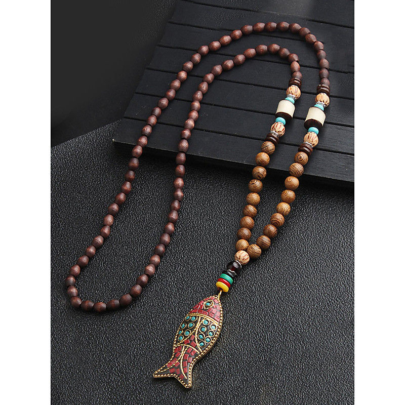 Men's Tribal Beaded Pendant Necklace – Handmade Ethnic Wooden Beads with Turquoise Accents, Bohemian Style for Casual Wear, Yoga, Meditation or Festival Outfits
