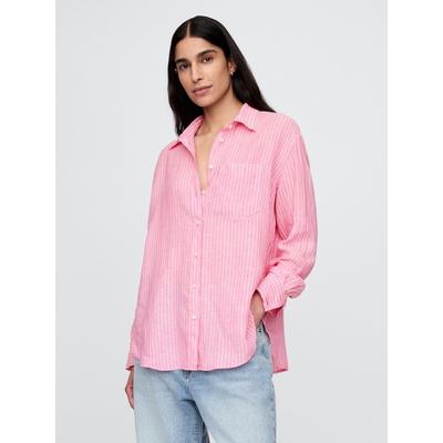 Gap Pink Pinstripe 100% Linen Button Down Long Sleeve Oversized Shirt