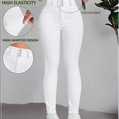 TEMU Women' High-waist Skinny Jeans With Triple Button Closure - Stretchy, Slim Fit, Elegant Design For Casual Or , Versatile Clothing | Minimalist Jeans | Sleek Appearanc Image