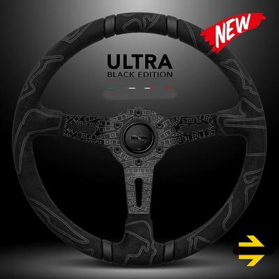 TEMU Ultra-black Edition Racing Steering Wheel - 350mm Deep Dish, Microfiber Leather, Laser Marked Design, Reduced Slip Drift Street Style Image
