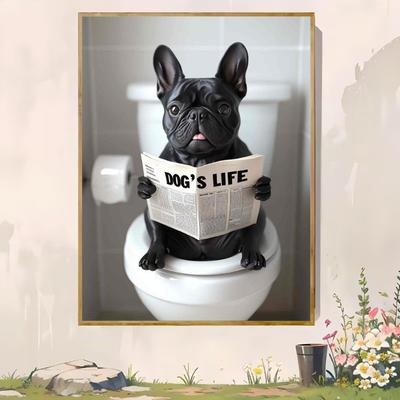 "TEMU Funny French Bulldog Bathroom Wall Art - Frameless 12x16"/16x24" Dog' Humor Decor, Black & White French Bulldog Reading Newspaper On Toilet, Unique Animal-themed Artwork For Modern Bathrooms" Image
