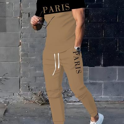 TEMU Men's Polyester Sportswear | Elegant Casual Crew Neck | Slightly Elastic Knit 3d Print | Regular Fit 2pcs Set | Patterned Short Sleeve T-shirt And Long Pants Image