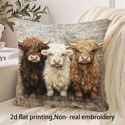 TEMU 1pc, 2d Flat Printing Short Plush Throw Pillow Cover, Single Sided Printing, 18x18 Inch, Non-real Embroidery 4 Highland Cows Suitable For Home Decorations And Decorations, No Pillow Core Cxa96 Image