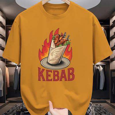 TEMU Kebab Men's Summer Short-sleeve T-shirt - Trendy Graphic Print, Casual Round Neck Top For Casual Attire, Lightweight & Breathable Fabric, Adults And Teens Image