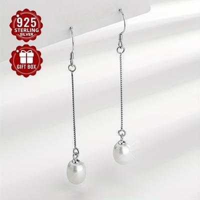 TEMU 2pcs Vigg Elegant 925 Sterling Silver Tassel Drop Earrings With Shell Pearl - Hypoallergenic, Versatile For & , Gift Box Included, Classic Simple, Total Weight 2.1g Image