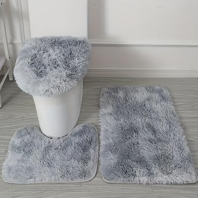 TEMU 3pcs Non-slip Bathroom Rug Set - Includes U-shaped Toilet Mat, Lid Cover Pad & Shower Curtain - Soft Acrylic, Hand Washable - Home Decor Image
