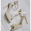 Weiße Perle Peep Toe Sandalen Weibliche Elegante Ankle Strap Stiletto High Heels Schuhe Dame