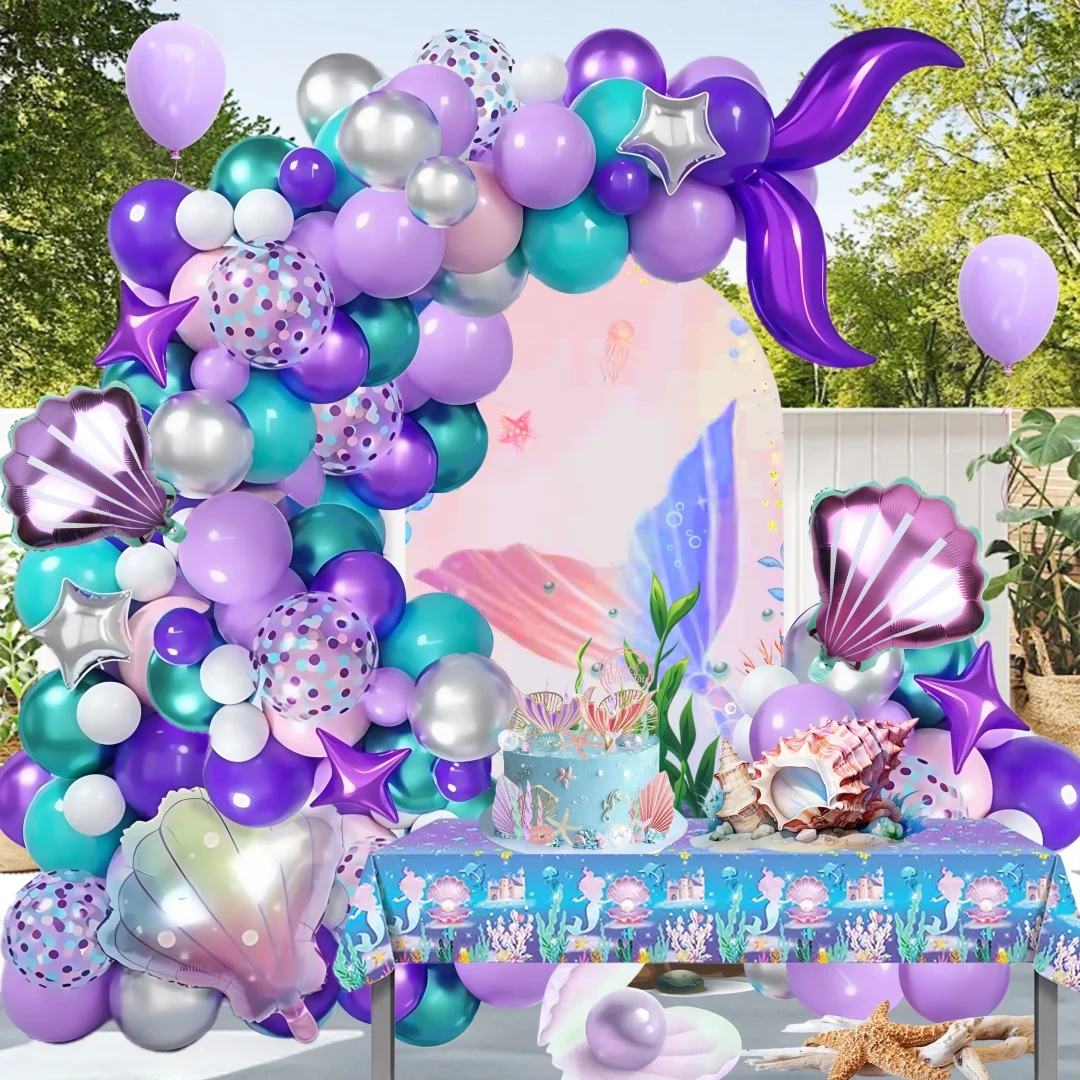 106 Stück Meerjungfrau-Ballonbogen-Set, mit 18 Zoll lila S-förmigem Schwanz, Meerjungfrau, 14 Zoll, bunter Muschel-Aluminiumfolienballon für Damen-Geburtstagsfeier, Ozeanparty, romantische Image