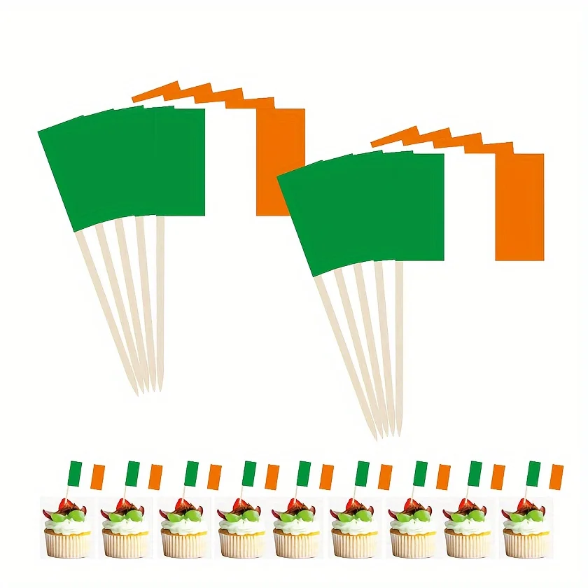 100 stücke irischer Flaggen-Zahnstocher-Cupcake,Party liefert Papier fahnen für den Patrick's Day, nationale Feiern, Kuchen dekorationen Image