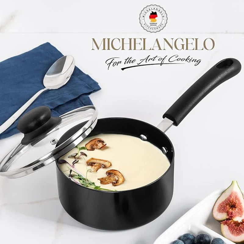 MICHELANGELO Antihaft-Topf mit Deckel, schwarzer Keramik-Milchtopf mit Glasdeckel, kleine Sauce-Pfanne, Gas-Induktionsherd, universell Image