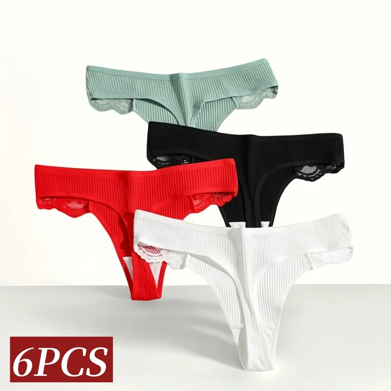 6 Teile/satz Frauen Thongs Höschen Baumwolle G-string Weibliche Unterhose Atmungsaktive Unterwäsche Einfarbig Sexy Spitze Komfort Dessous Image