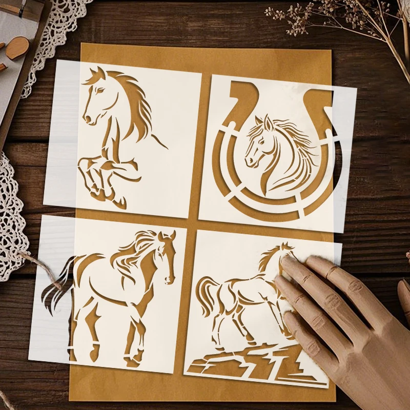 YOMDID 4 pièces motif de cheval peinture PET pochoir creux réutilisable bricolage conception de cheval aérographe Graffiti modèle décoratif