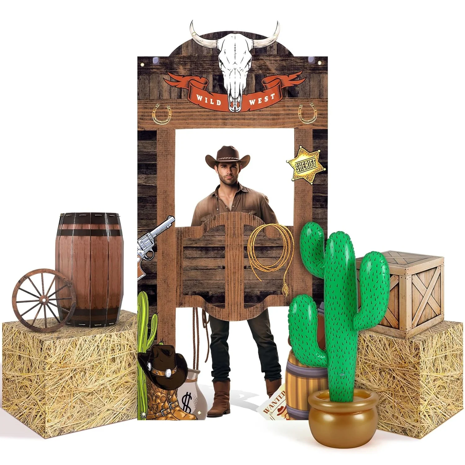 7-teiliges Western-Cowboy-Party-Dekoration, Western-Hintergrund, Banner, Heuballen, Boxen, aufblasbare Kaktus-Requisite für Party mit westlichen Themen Image