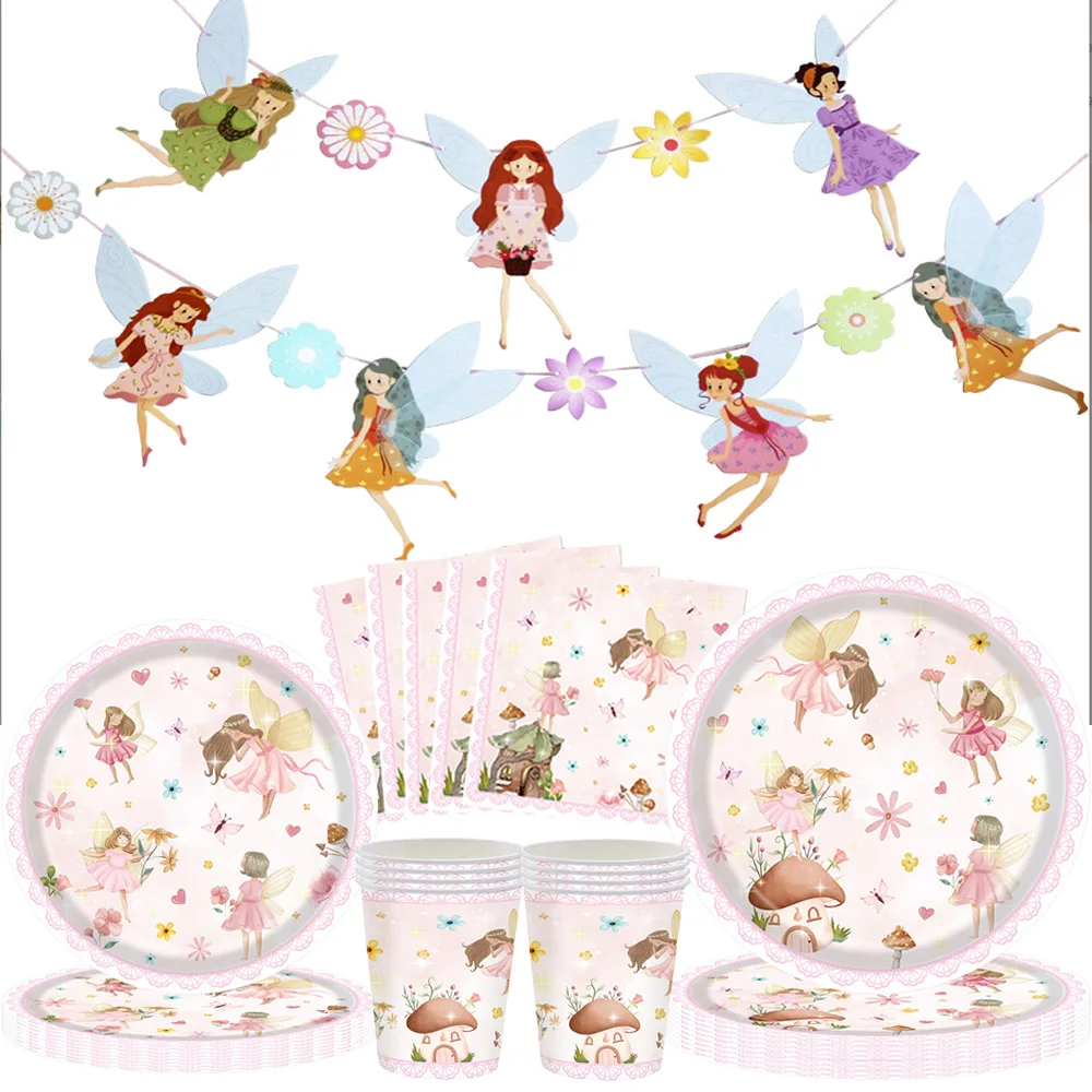 Feen-Partyzubehör für Mädchen, Geburtstagsfeen, verzaubertes Motto, Babyparty, Party-Dekoration, Gartenblume, Einweggeschirr-Dekoration Image