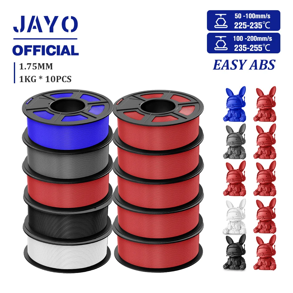 JAYO 3D-Filament, einfaches ABS, 1,75 mm, 1 kg ABS, 3D-Drucker-Filament, einfaches Drucken, hochbeständig, langlebig, 3D-Filamente, 10 Rollen/Set Image