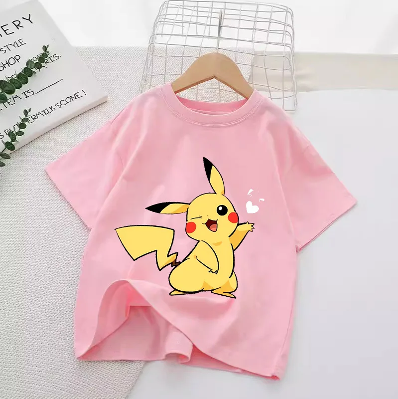 Pokemon Kinder T-Shirts Anime Pikachu Jigglypuff Bedruckte Shirts Tops Cartoon Jungen Mädchen Sommer Kleidung Kurzen Ärmeln T-shirts Neues Geschenk Image