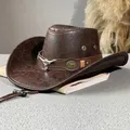 Cappello da cowboy occidentale vintage Cintura con testa di bue Cappelli Fedora con rivetti per uomo Donna Cappellino da sole da cowgirl in ecopelle a tesa larga da viaggio all'aperto