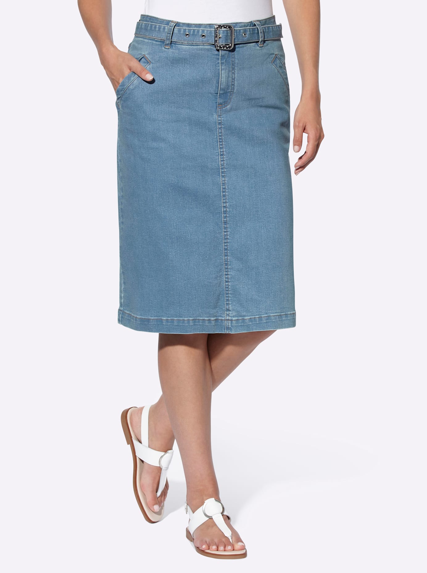 Jeansrock HEINE, Damen, Gr. 44, blau (blau, bleached), 81% Baumwolle, 17% Polyester, 2% Elasthan, unifarben, knielang, Röcke Jeansrock Image