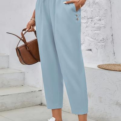 TEMU Women's Elegant Solid Color Pencil Pants With Button Detail And Pockets, Polyester 100%, Non-stretch Woven Fabric, Size Trousers, 140 G/m² Image