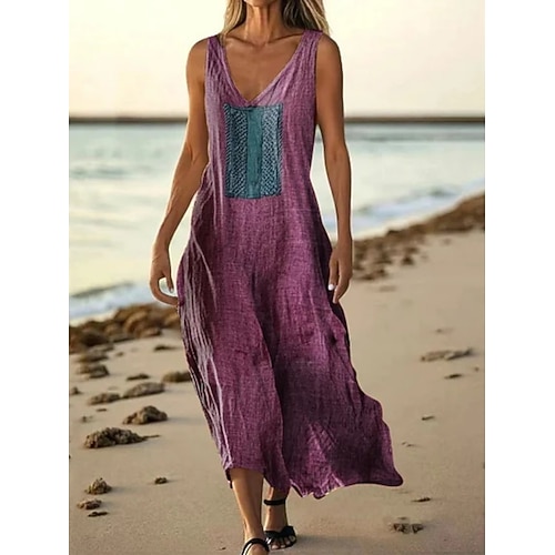 Damen Langes Kleid Maxikleid Freizeitkleid Trägerkleid Sommerkleid Vintage afrikanisch Täglich Strand Ferien Normale Passform Blumen Farbblock Ärmellos V Ausschnitt Rote Marineblau Purpur Grün Sommer Image