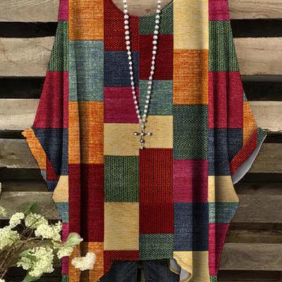 TEMU Plus Size - Women's Plus Size Color Block Tunic Top - Casual Short Sleeve Crew Neck With Asymmetrical Hem, Vibrant Red, Green, Checkered Pattern, Lightweight Polyester Blend For , Ladies T Shirts Image
