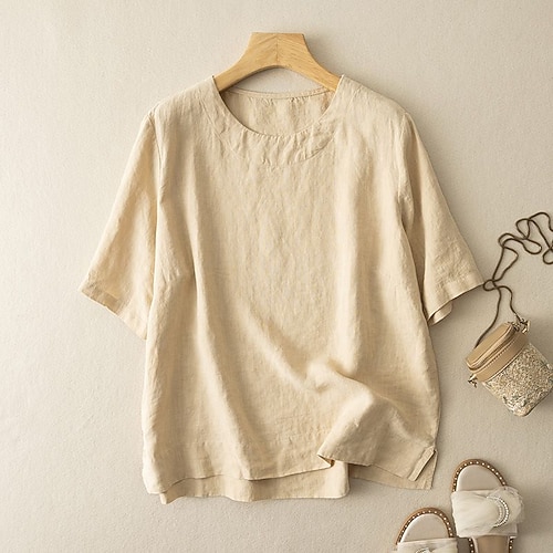 Damen Hemd Weißes Baumwolltop Einfarbig Elegant Vintage Basic Kurzarm Rundhalsausschnitt Normale Oberteile Täglich Ausgehen Wochenende Weiß Gelb Rosa Purpur Grün Sommer Frühling Image