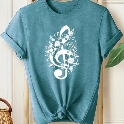 TEMU Women's Casual Floral Music Note Print T-shirt - Crew Neck Short Sleeve Top, Breathable Machine-washable Activewear For Wear, Ladies T Shirts Image