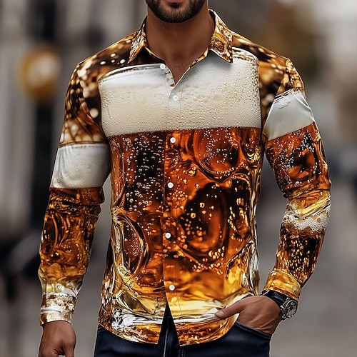 Herren Optische Täuschung Oktoberfest-Bier Hemd Durchgeknöpft Hemd Hawaiihemden Langarm Hawaiianisch Outdoor Urlaub Ferien Sommer Frühling Umlegekragen 3D-Druck Hemden mit Kragen Gelb Braun Image