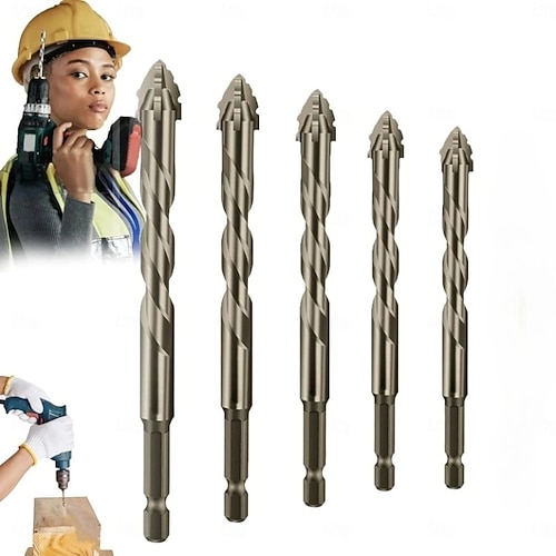 Exzenterbohrer mit vier Klingen und Wellenschliff, neuer Exzenterbohrersatz mit vier Nuten und Sägezahnung, Hochleistungs-Titan-beschichteter QuickPierce-Bohrer- und Gewindebohrersatz für Beton, Image