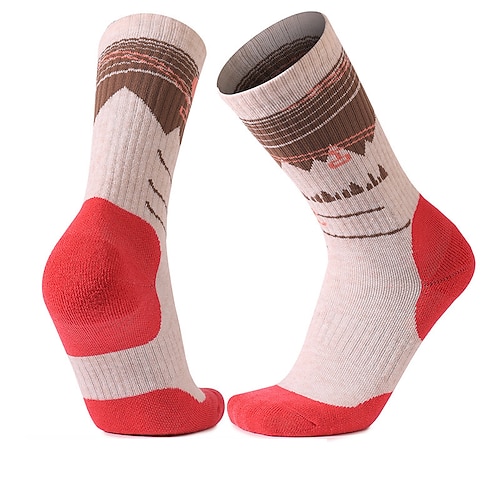1 Paar Damen Socken aus Merinowolle Wandersocken laufsocken Thermowarm Atmungsaktiv Anti Blister Dicht Winter Außen mittlere Besatzung Patchwork Merino Wolle Schwarz Sahne Rot für Ski / Snowboard Image