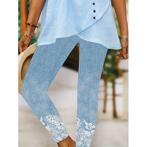 Damen Leggings Urlaub Vintage Mode Knöchellang Hohe Taille Blumen Grafik Farbverlauf Drucken Weich Atmungsaktiv Dehnbar Lässig Täglich Urlaub Hellblau Frühling Schmale Passform Image