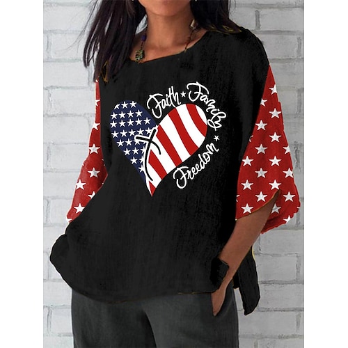 Unabhängigkeitstag Patriotische Damen Bluse Leinenähnlich Grafik Flagge Bohemia Vintage Tropisch 3/4 Länge Ärmel Crew Neck Reguläre Tops Täglich Urlaub Freizeitmode Druck Schwarz Rot Grau Sommer Image