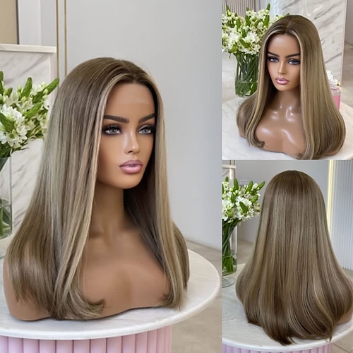 Brasilianisches unverarbeitetes reines Haar, 5x5 Verschluss, klebefreie Perücken, kurzer Bob, hervorgehoben, 13x4 Lace-Front-Perücke, glatte blonde Perücke mit vorgezupftem Babyhaar Image