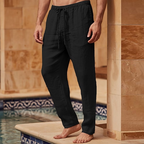 Herren Leinenhosen Hose Sommerhose Strandhose Kordelzug Elastischer Bund Einfach Atmungsaktiv Leicht Volle Länge Outdoor Täglich Ferien Urlaub Mode Schwarz Weiß Image