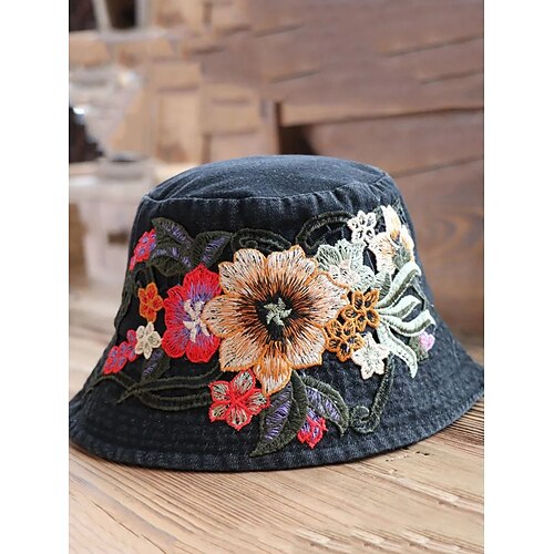 Damen-Bucket-Hut aus besticktem Denim – Blumendesign, stylischer Sommerhut, perfekt für Outdoor-Aktivitäten, Strand und Freizeit Image