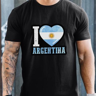 TEMU Men's Argentina Flag Love Print T-shirt, Casual Crew Neck Short Sleeve Tee, 100% Polyester Knit Fabric, Fit Top For - , 150gsm Image