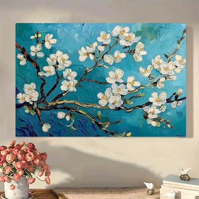 TEMU 1pc Van Gogh-inspired Almond Blossoms Canvas Painting, 40x30cm, With Wooden Frame - Vibrant Wall Art Print For Home Decor, Ideal Valentine's Day Or Holiday Gift Image