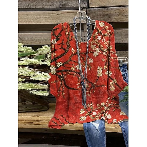 Damen Hemd Druck Blumen Stilvoll Dreiviertelarm Rundhalsausschnitt Normale Oberteile Täglich Ferien Blau Wein Rote Purpur Sommer Image