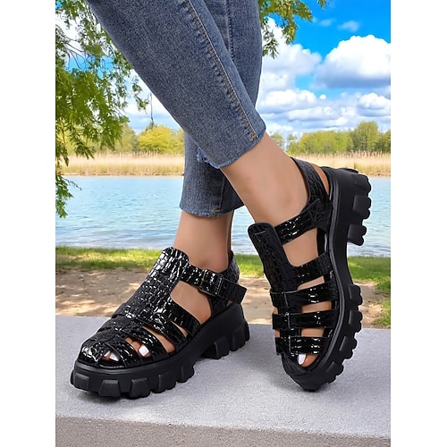 braune, klobige Gladiator-Sandalen für Damen – offene Plateauschuhe mit Retro-Krokodilprägung für Damen, perfekt für Outdoor-Abenteuer, Festivals und den Wochenend-Style Image