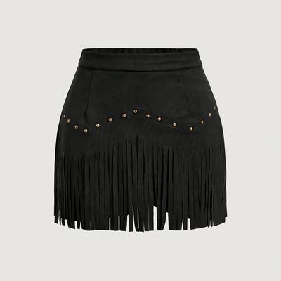 TEMU Women's Fashionable Fringe Mini Skirt - Brown, Detail, Wear, , Casual Attire|fringe Skirt|decorative Buttons, Mini Skirt Image