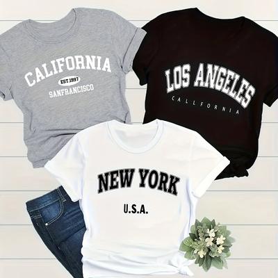 TEMU 3- Size Letter Print T-shirt, Short Sleeve Crew Neck Casual Top For Summer & Spring, Women's Plus Size Clothing Image