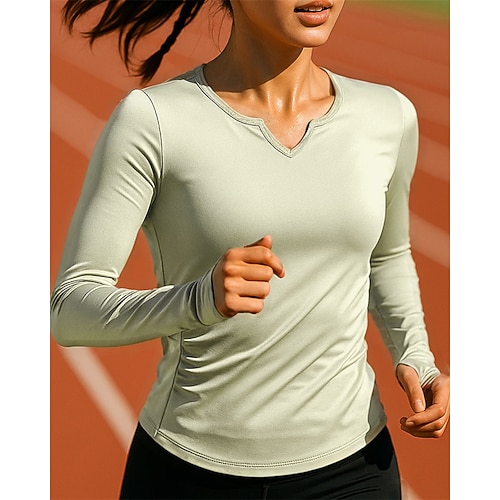 Damen Laufoberteil Laufshirt Schlank Langarm T-Shirt Sommer Frühling V Ausschnitt Einfarbig Schnelltrocknend Leicht Elastisch Atmungsaktiv Tennis Golfspiel Laufen Sportbekleidung Sportkleidung Image