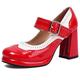 Gicoiz T Strap Mary Jane Ladies Block Heel Platform Pumps Round Toe Wedding Buckle Party Shoes Chunky High Heeled Red Size 1-33
